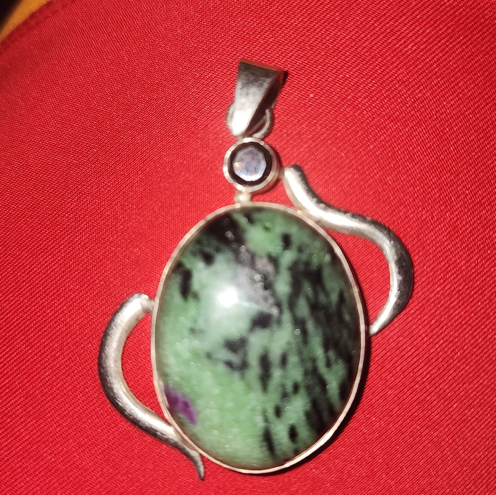 Sterling Silver Green Ruby Zoisite Oval Pendant - image 4